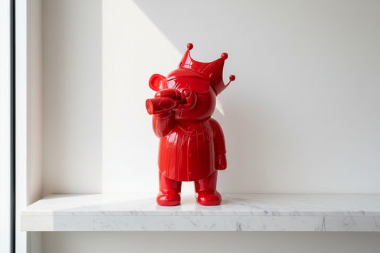 Shiny Bear Abundoso Rojo Solido en estante de mármol blanco
