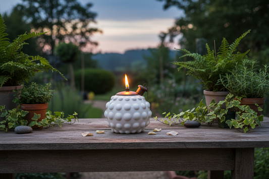 Una antorcha en centro de mesa rústico